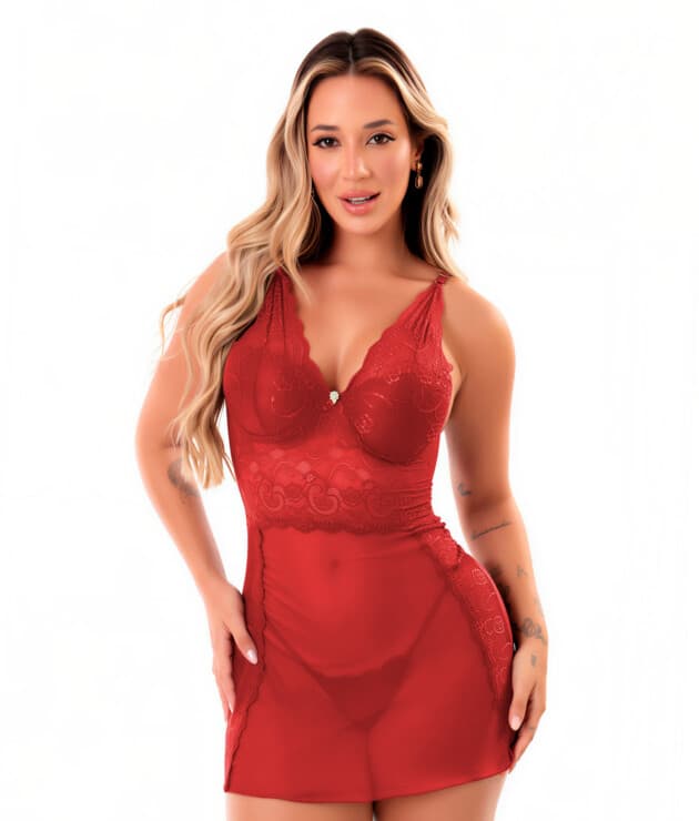 Camisola Tule e Renda Sensual com Bojo